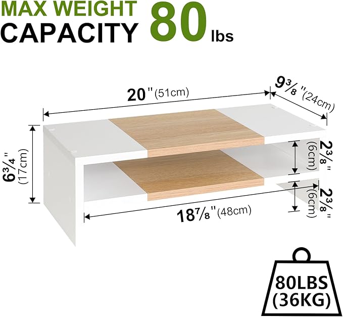 TEAMIX 2 Tiers Desktop Monitor Stand Riser 20 Inch Printer Stand with Storage Small TV Riser Laptop Wooden Desk Organizer Shelf Bookshelf Maple (White+Maple, 2 Tiers)