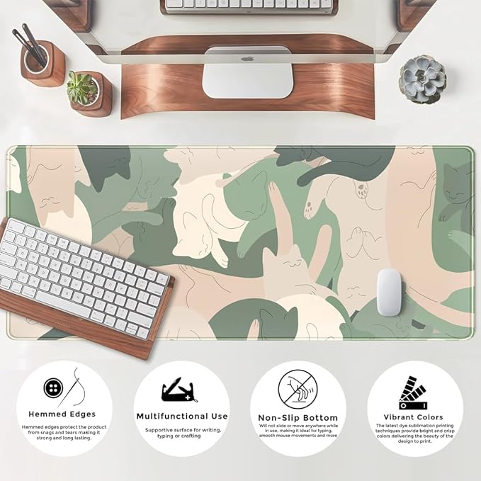 Green Simple Cat Desk Mat Sleeping Cute Long Cool Mouse Pad for Laptop Gaming Computer Keyboard Pad Office Decor Desk Pads Accessories On Top of Desks Office Supplies Mat (31.5x11.8In) Stitched Eges