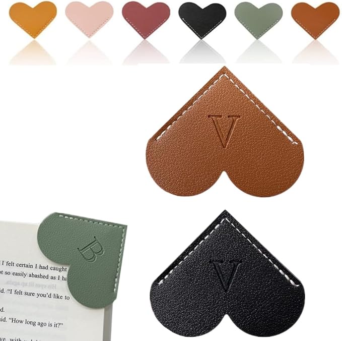 Personalized Leather Heart Bookmark, 26 Letters Customized Corner Book Mark for Reading Women, Book Marker with Initials，Cute Gifts (Black+Dark Brown, V)