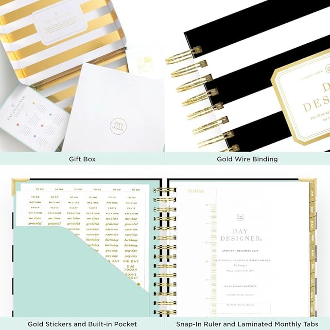 Day Designer 2026 Weekly Planner – Premium Planner for Stylish Organization. Combines Weekly & Monthly Calendars, Daily Schedule, Notes Pages, Goal Setting, Stickers, Pocket & More. Elegant Laminated Cover with Gold Accents (Black Stripe Design - 2026)