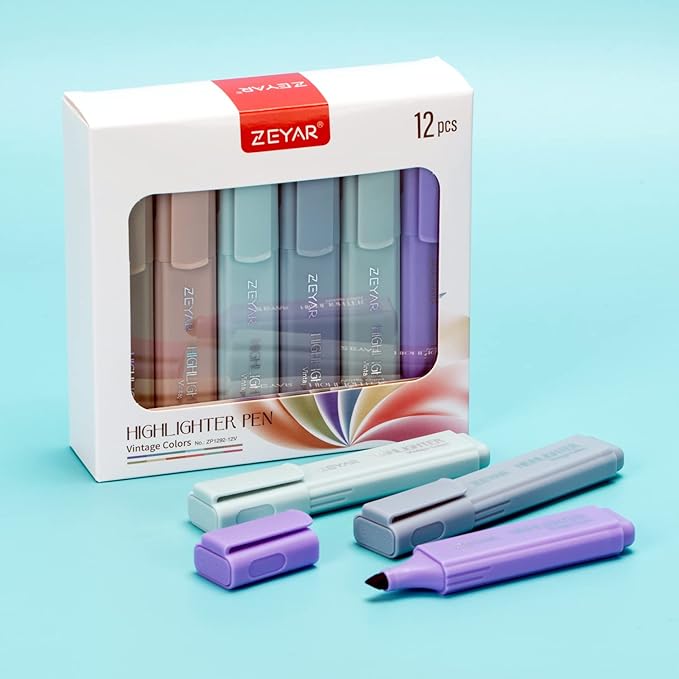 ZEYAR Highlighter Pen, Vintage Colors Chisel Tip Markers, Water Based, Quick Dry, No Bleed, for Bible Study Notes School Office (12 Vintage Colors)
