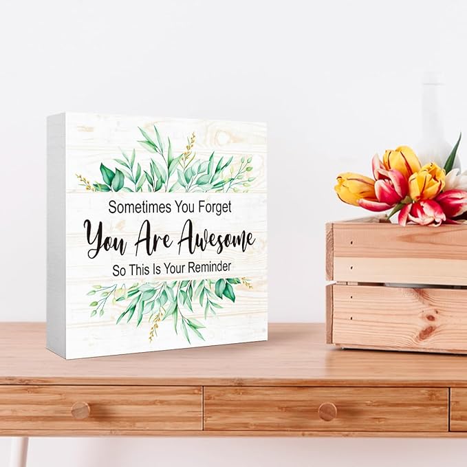 You Are Awesome Wooden Block Sign, Your Reminder Encouraging Desk Decor With Motivational Quote 5" x 5", Inspirational Gift For Her Office & Home