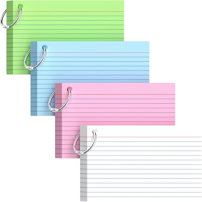 160-Pack Colored Index Cards 4x6 Inch w/Key Ring – 180gsm Heavyweight Flashcards – 4 Vibrant Colors Flash Cards (White Pink Blue Yellow) – Perfect for Study, Notes & Memory, Students School Supplies
