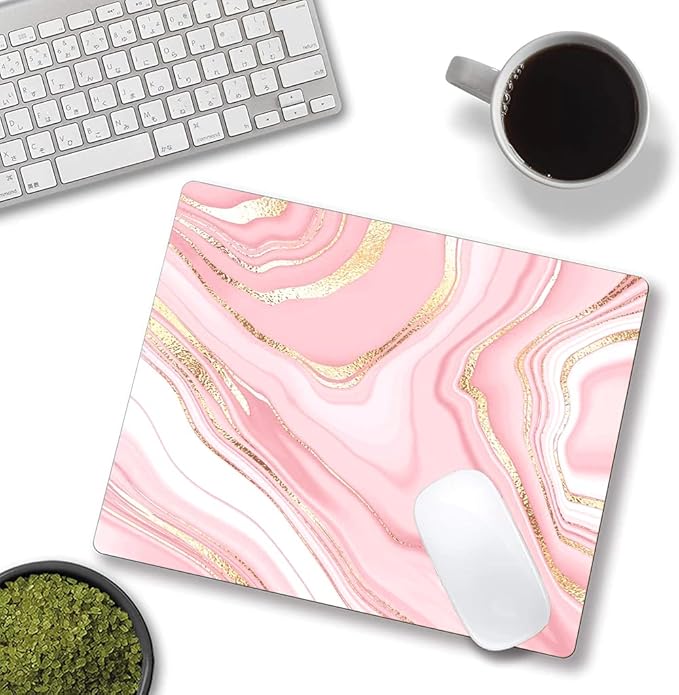 Cute Mouse Pad, Pink Gold Marble Mouse Pad, Square Personalized Mouse Mat with Design, Non-Slip Rubber Base Computer Mousepad for Office Laptop Desk