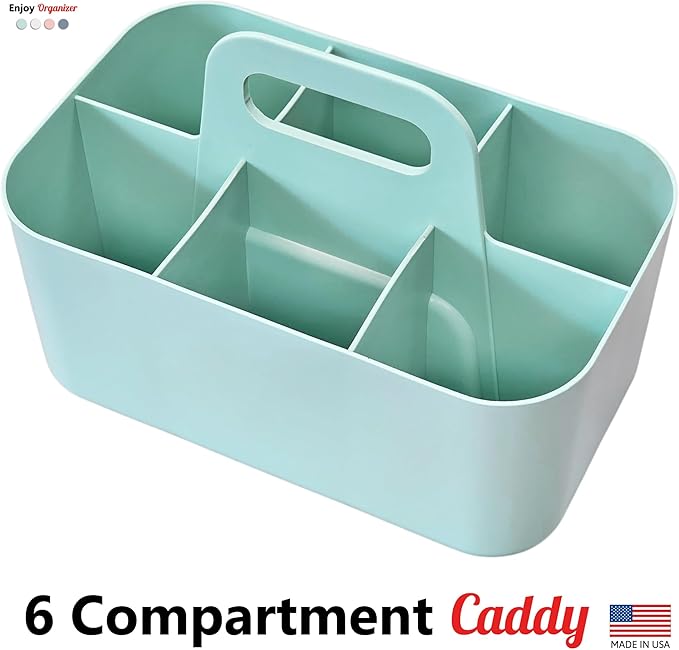 2 Pack Small 6 Compartment Multiuse Caddy Organizer with Handle Art Craft Supplies, Office, Desk, Stationery Pen Holder Stackable- Made In USA (Mint/Ivory)
