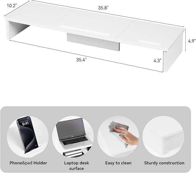 Dual Monitor Stand Riser with Phone Tablet Holder, 35.8in Large Monitor Stand for Desk, Computer Monitor Stand for 2 Monitors, Desk Shelf for Top of Desk, Desktop Organizer for Laptop, Printer, TV