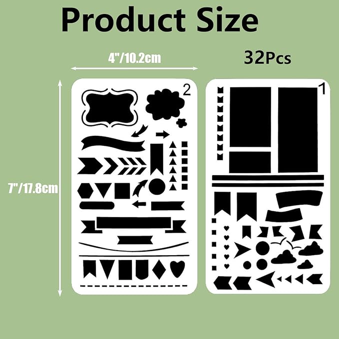 32Pcs Planner Stencils Templates for Calendar, Journal Stencils for Bullet Journaling, Reusable Plastic Handmade Flexible Record Template for DIY Drawing, Notebook & Scrapbook Accessories (4"x7")