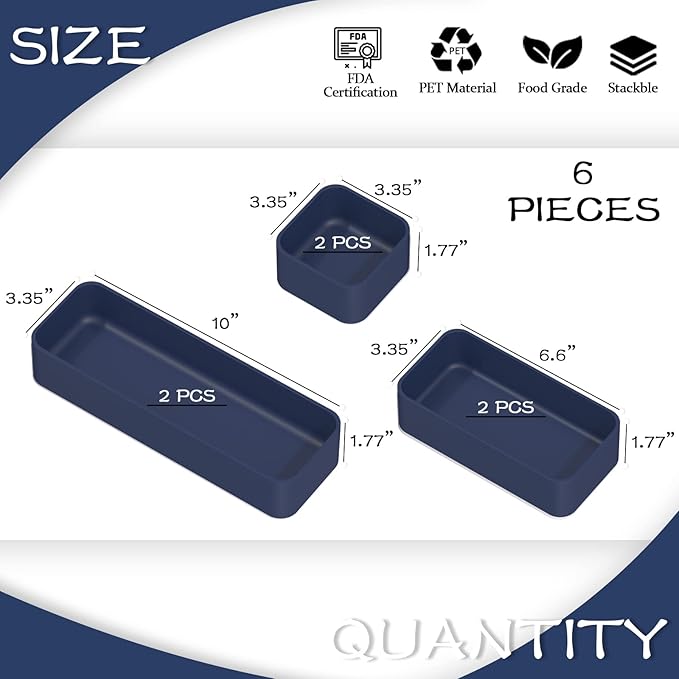 CHANCETSUI 6 PCS Stackable Drawer Organizers Set, Versatile Desk and Vanity Drawer Organizer Trays, Storage Bins for Makeup, Bathroom, Bedroom, Kitchen and Office, Blue