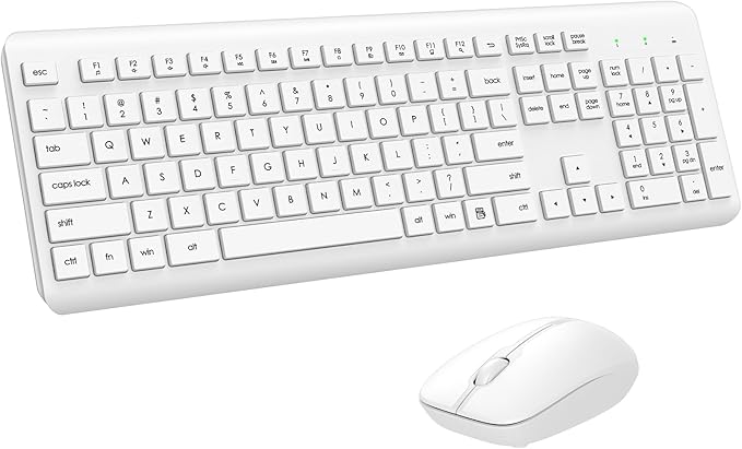 Wireless Keyboard and Mouse Combo, Full Size Silent Ergonomic Keyboard and Mouse, Long Battery Life, Optical Mouse, 2.4G Lag-Free Cordless Mice Keyboard for Computer, Mac, Laptop, PC, Windows(White)
