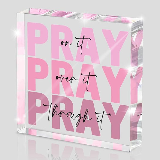 Pink Inspirational Decor Pray Over It Bible Verse Wall Art Christian Gifts for Women, 4x 4 Inches Office Desk Accessories Decor Sign, Pink Dorm Room Decoration for Women - Pray on it Pray through it