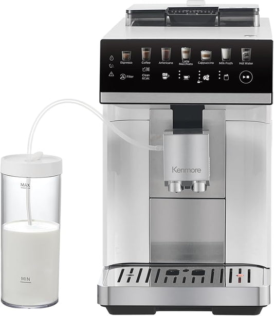 Koolatron Kenmore Espresso Machine – All-In-One Fully Automatic Coffee Maker With Auto Tamper, Descaler, Milk Steamer & Frother, Bean Grinder, Professional Barista Style Cappuccino, Cafe Latte, White
