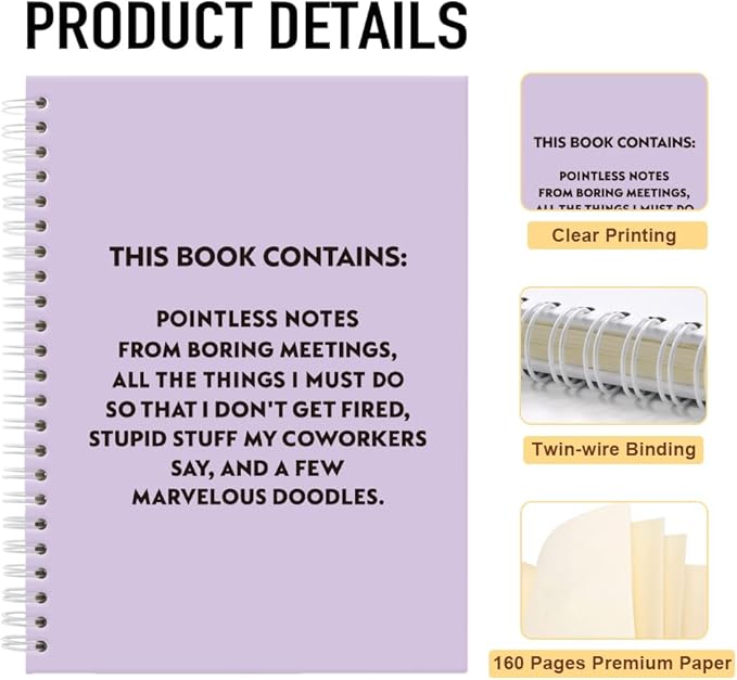 Pointless Notes from Boring Meetings Funny Purple Golden Spiral Notebook, Humorous Office Gifts, Gag Gifts for Coworkers, Funny Office Sarcastic Gifts for Coworkers,Team Members, Employees
