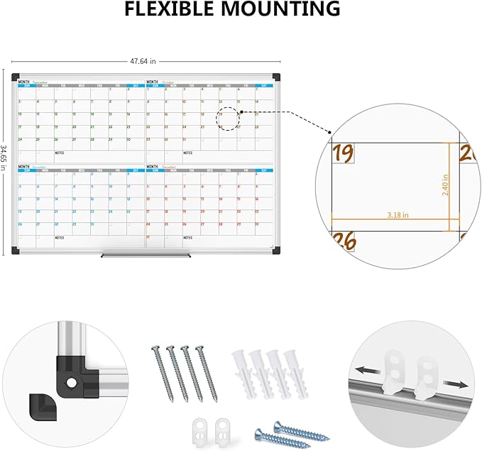 XBoard Magnetic Calendar Whiteboard 48" x 36" - 4 Month Colorful Calendar Dry Erase Board for Monthly Planning, Silver Aluminium Framed
