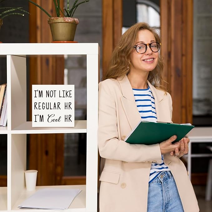 Funny Office Wood Box Sign - "I'm Not Like Regular HR I'm Cool HR" Humorous Wooden Block, 5x5x1 Inch Desk Decor for Female HR & Office Girls (Wall Mountable)