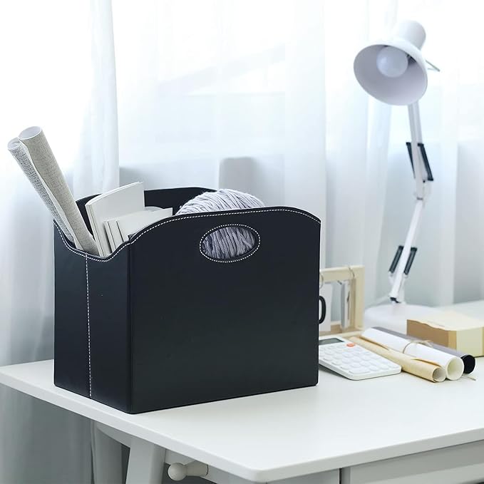 EZDeco Magazine Holder Foldable Magazine Rack Floor PU Leather File Holder Newspaper Book Storage Basket Document File Folder Organizer for Office Home (Black-2)