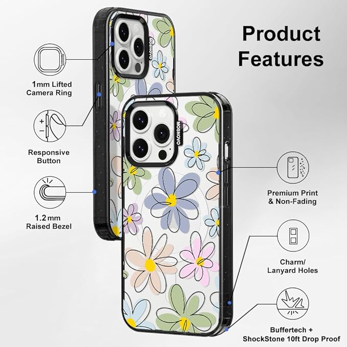 MOSNOVO Magnetic Case for iPhone 14 Pro Max, 10ft Military-Grade Protection, Compatible with Magsafe, Shockproof Phone Case for iPhone 14 Pro Max - Linear Blooms - Clear Black