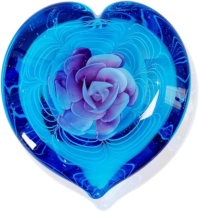 Hand Blown Glass Heart Flower Paperweight for Office Desk,Home Decor Collectible.