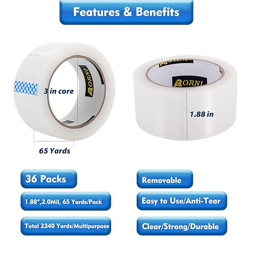 Packing Tape Heavy Duty Refill 36 Rolls Sealing Great for Packing Box Shipping and Moving Supplies Packaging 1.88" x 65 Yards 3" Core 2.0 Mil Thick Adhesive
