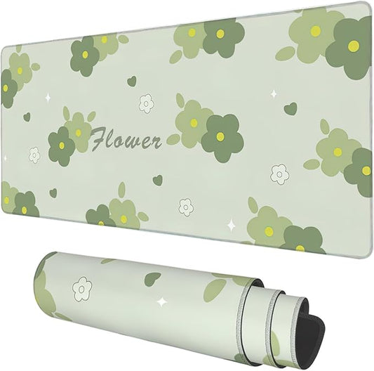 Desk Mat, Kawaii Green Flower Extended Gaming Mouse Pad Large, 35.4"x15.7" Big Mouse Pad with Non-Slip Base and Stitched Edge, Long Computer Keyboard Mouse Mat for Home Office Work