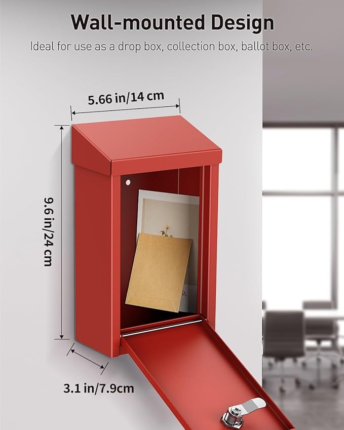 Uniclife Key Drop Box for Outside, Red Metal Donation Box Collection Box with Key Lock, Safe Suggestion Box, Wall Mounted Mailbox with Top Slot, Steel Cash Drop Box for Home Office and Business