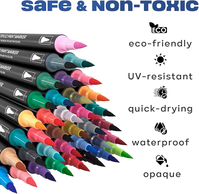 Acrylic paint pens create art – Dual Brush Tip Acrylic Markers Set, Waterproof Quick-Drying Ink for Rock Painting, Glass, Wood, Fabric (72)