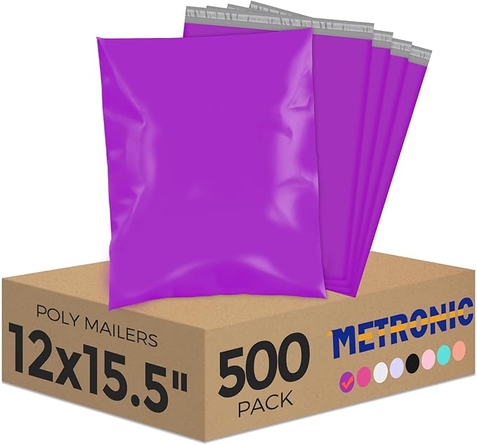 Metronic Poly Mailers 12X15.5 500Pack, Strong Adhesive Shipping Envelopes for Clothing, Waterproof Shipping Bags for Small Businesses, Flexible Mailers Poly Bags Packages Bags Purple