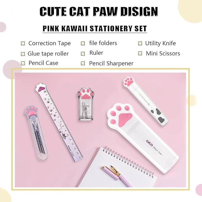 9Pcs Cute School Supplies, Cute Stationery,Includs Pencil Sharpener,Eraser, Correction Tape,Sticky Notes, Ruler, Scissors,Utility Knife, for Cute Office Supplies