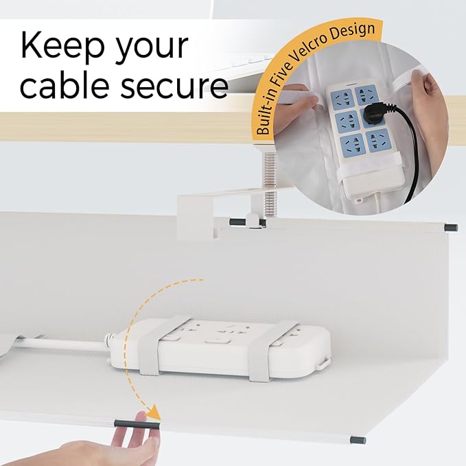 Under Desk Cable Management Tray 39.7" - No Drill Computer Wire Organizer Cable Tray, Cord Hider Clamp Mount with 16X Cable Ties PC Cables Management Cord Holder for Office/Home (Upgrade Fabric,White)