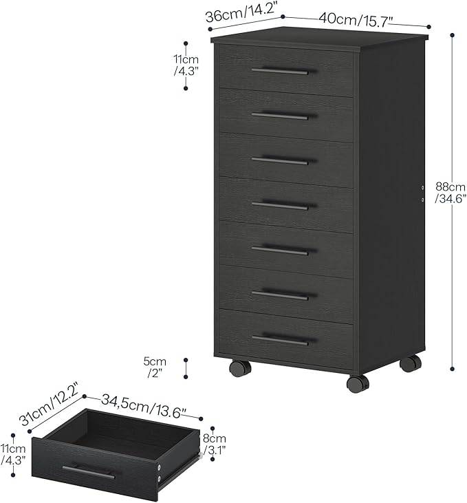 HOOBRO 7-Drawer File Cabinet, Wooden Office Cabinet with Drawers, Mobile Storage Cabinet, for Home Office, Study, Easy Assembly, Black BK07WJ01