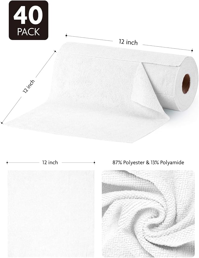 Fantasticlean Microfiber Cleaning Cloth Roll -40 Pack, Tear Away Microfiber Towels, 12" x 12", Reusable, Washable, Scratch Free, Ultra Absorbent Dish Rags for Car, Home, Garage or Shop (White)