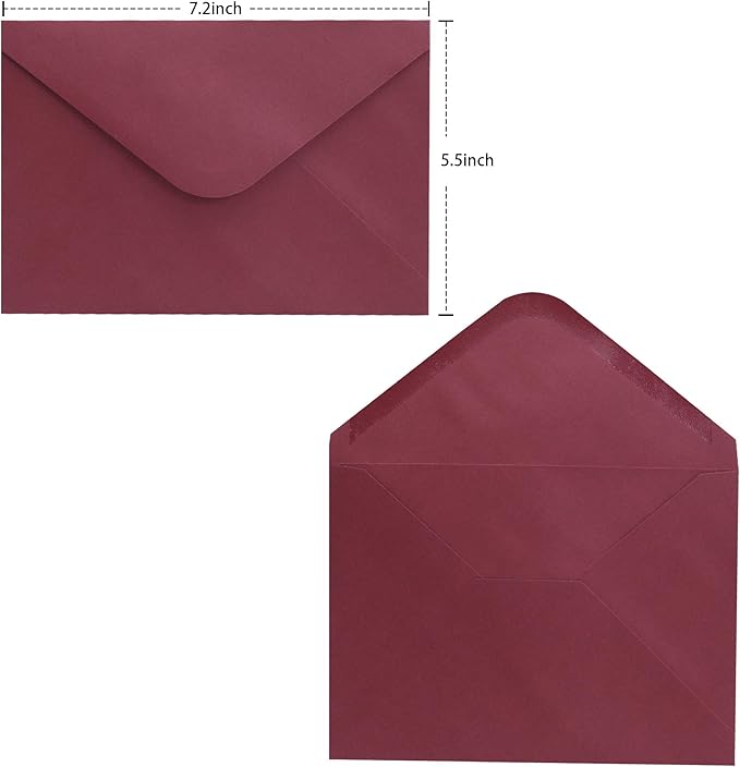 Burgundy A7 V-Flap Envelopes, 5 x 7 Inch, 50 Pack, 120gsm Paper for Christmas Cards, Valentines, Invitations, Wedding, Personalized Gifts, Postcards