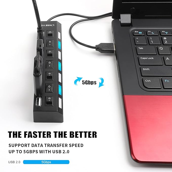 Multi Port Splitter, 7 Port USB 2.0 Hub, USB A Port Data Hub with Independent On/Off Switch and LED Indicators, Lights for Laptop, PC, Computer, Mobile HDD, Flash Drive and More (Black 2.0)