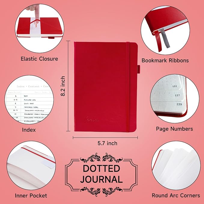 Dotted Journal Kit, Feela Dot Grid Journal Hardcover Planner Notebook Set For Beginners Women Girls Note Taking with Journaling Supplies Stencils Stickers Pens Accessories, A5, 224 Pages, Red