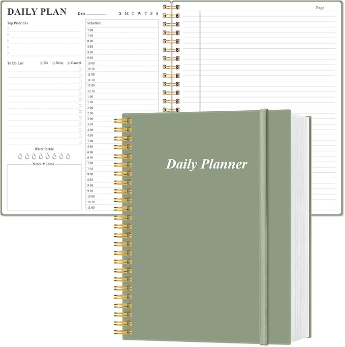 Daily Planner Undated - A4 To Do List Notebook Hourly Schedules, Spiral Appointment Planner for Women and Men,PVC Hardcover, Inner Pocket, Elastic Closure, 8.5" x 11", Green