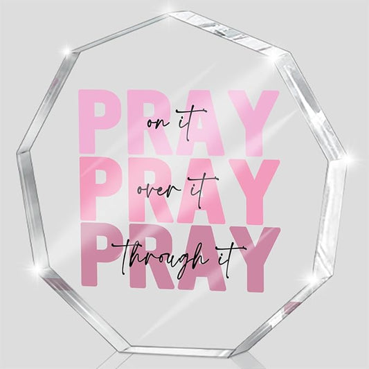 Pink Christian Gifts for Women, Appreciation Gifts for Women, Pink Desk Decorations for Office, Dorm Room Decor, Christian Desk Plaque- Pray on it-Bible Verse Decoration(Nonagon)