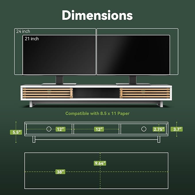 Dual Monitor Stand Riser with Sliding Door, Double Computer Laptop Stand Desk Shelf Organizer with Storage (White + Natural Bamboo, 38 Inch)