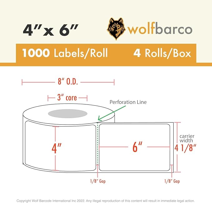 Direct Thermal Paper Label/IndustrialGrade 4" x 6", with Perforation, 3" Core, 8" OD,1000 Pcs/Roll (4Roll/Box) - Beige