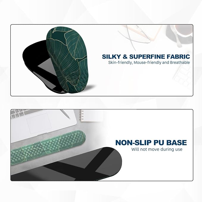 Ergonomic Mouse Pad and Keyboard Wrist Rest with Massage Design, Space-Saving Mouse Pad Wrist Support, Memory Foam Wrist Rest with Non-Slip PU Base for Computer Desk, Green Leaves