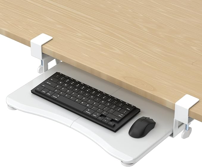 suptek Small Keyboard Tray Under Desk Pull Out with C Clamp Mount, Computer Keyboard & Mouse Tray, 20 (24.2 Including Clamps) x 11.8 inch Slide-Out Platform Computer Drawer for Typing, White, DSF1SW