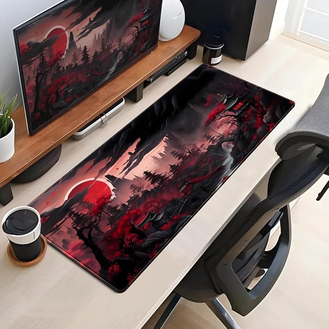 Riverside Full Moon Desk Pad Black Red Desk Mat Japanese Anime Extended XXL Keyboard Pad for Desk Gaming Computer Laptop Office Mouse Pad with Stitched Edges Non-Slip Large Computer Mat 31.5x11.8 in
