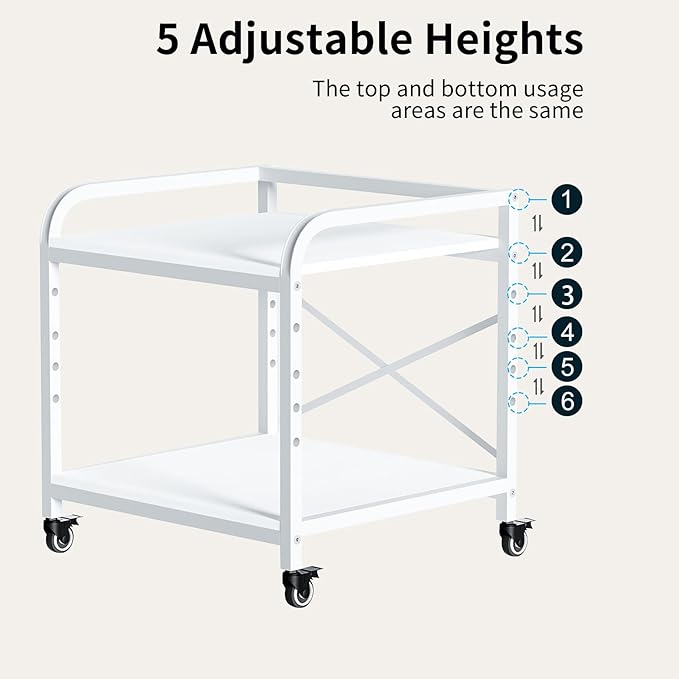 20 Inches Large Printer Stand, 2-Tier Under Desk Printer Table with Height Adjustable Shelf, Rolling Printer Cart with Industrial Wheels for Home Office (White)