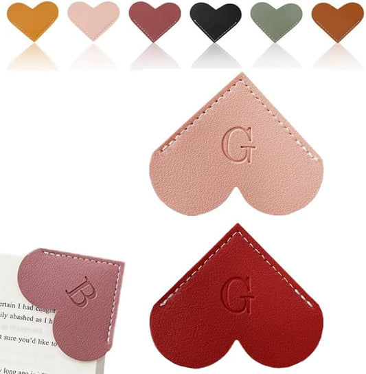 Personalized Leather Heart Bookmark, 26 Letters Customized Corner Book Mark for Reading Women, Book Marker with Initials，Cute Gifts (Red+Light Pink, G)