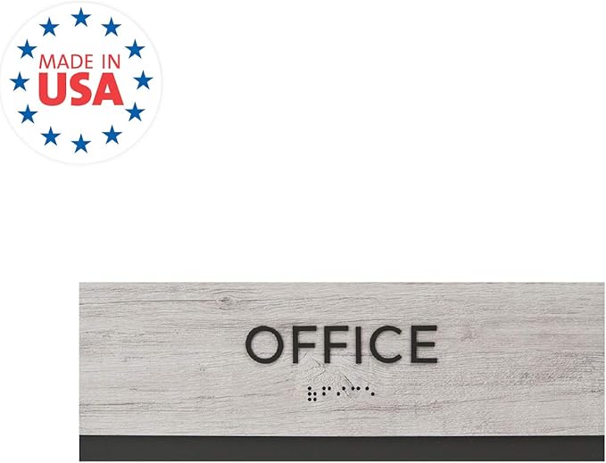 Office Sign with Braille/Small Business Easy Adhesive Mount Door and Wall Sign / 3" x 9" Sign/Silver Woodgrain