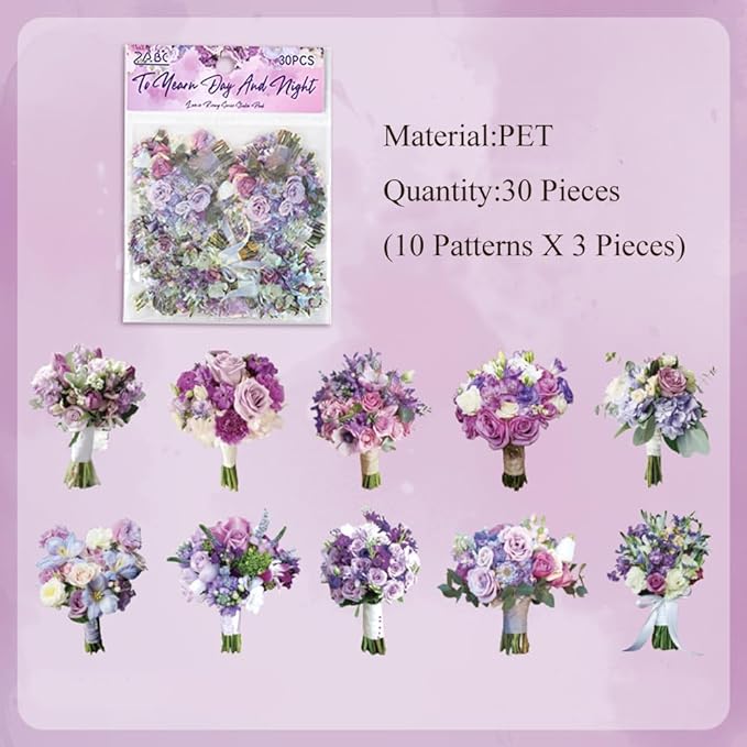 MAFELOE 30 Pieces PET Scrapbook Stickers of Bouquets Theme, Aesthetic Deco Supplies for Junk Bullet Journaling Card Making Daily Planner-Purple (D-Y4-AYSQ)