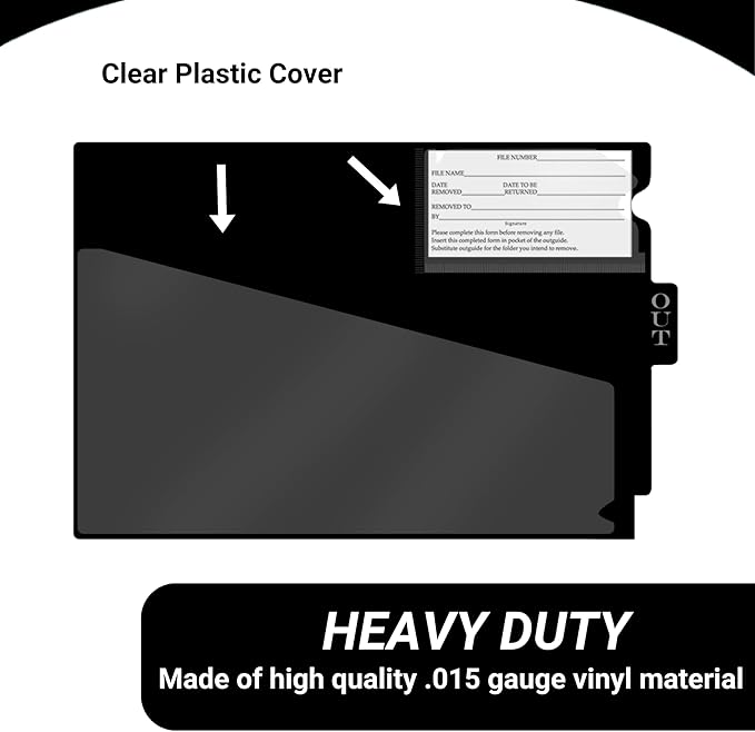 Doctor Stuff - Center Tab Vinyl Out Guides, Diagonal Cut Front Pocket, Top Charge Out Slip Pocket, Plastic File Folder, Letter Size 9" x 13-1/4", Black, 100/Box