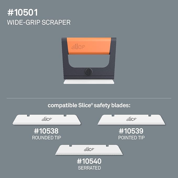 Slice 10501 Wide Scraper, Easy Clean, Ceramic Blade Lasts 11x as Long as Metal, Finger Friendly, Never Rusts, Safety Cap, Short Handle, 6 Pack