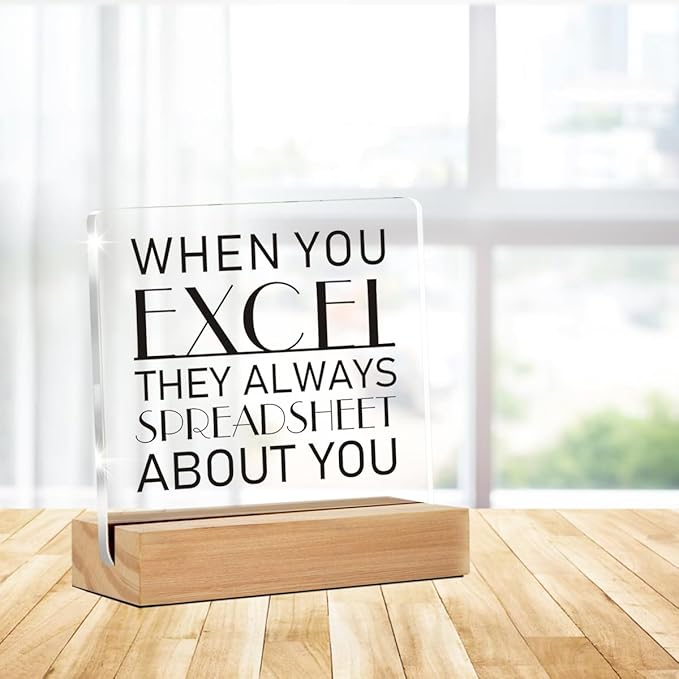 Funny Spreadsheet Gift, Humorous Office Quote Present for Accountants, When You Excel Clear Desk Decorative Sign With Wooden Stand for Office Desk Table Shelf