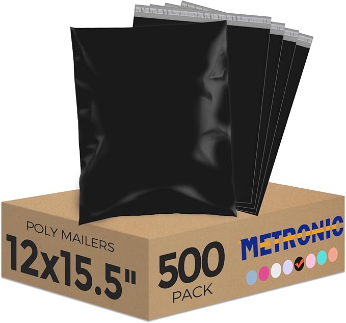 Metronic Poly Mailers 12X15.5 500 Pack, Self Seal Shipping Bags for Clothing, Waterproof and Tear-Proof Shipping Envelopes for Business, Mailers Poly Bags Packaging Bags, Black