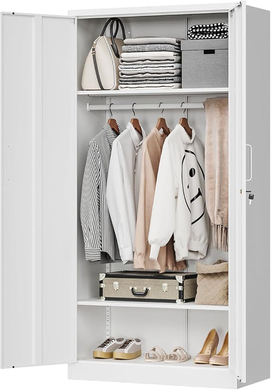 MIIIKO Metal Clothing Storage Locker, Steel Wardrobe Cabinets with Shelves and Hanging Rod, 72" Large Storage Locker Closet for Garments, Sports Equipment and Shoes