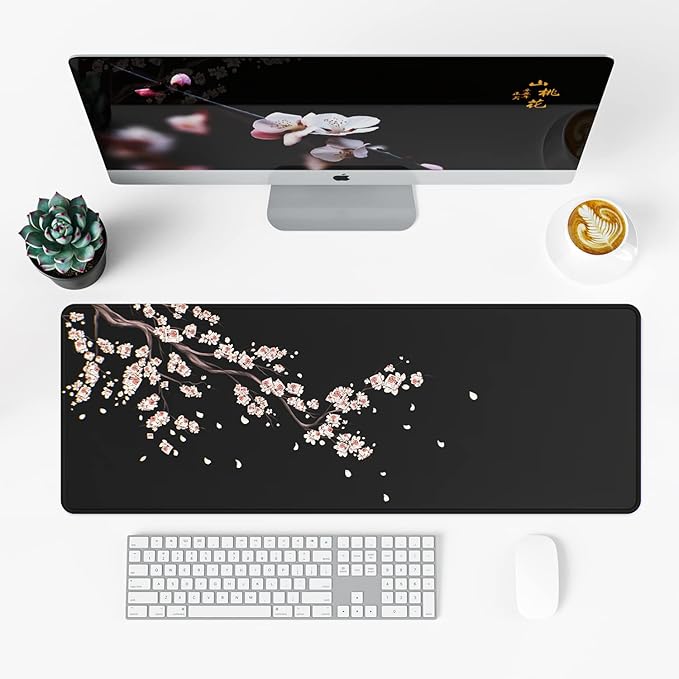 ETZ Japanese Plum Blossoms Black Mouse Pad (31.5 × 11.8 × 0.12 inch) Extended Large Mouse Mat Desk Pad, Stitched Edges Mousepad,Non-Slip Rubber Base,Gaming Mouse Pad XL.